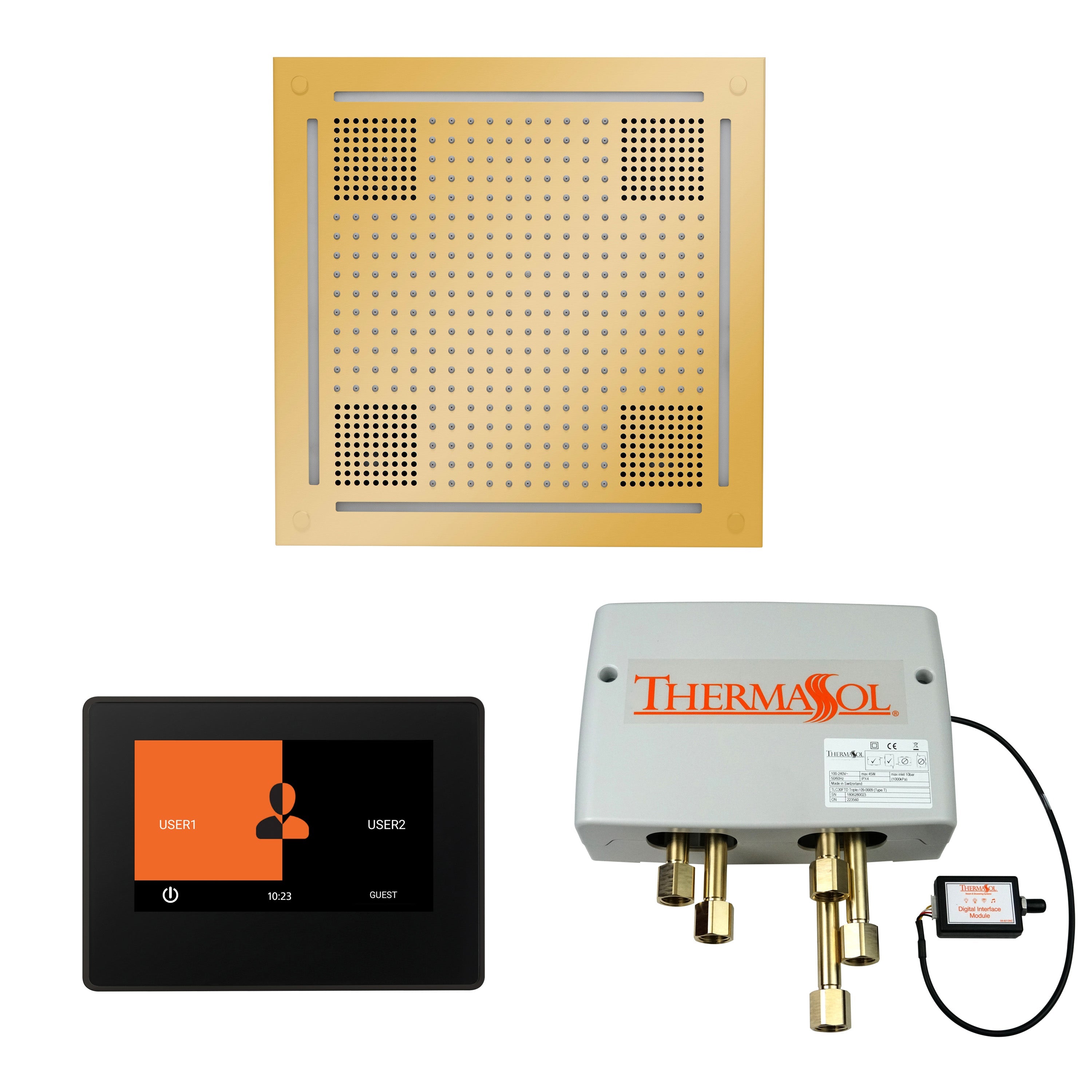 Wellness Shower Package ThermaTouch2 7 (Black Trim) — HydroVive 18 / Polished Gold / No Steam Generator,ThermaTouch2 7 (Black Trim) — HydroVive 18 / Polished Gold / PRO Series III 84 (6kW),ThermaTouch2 7 (Black Trim) — HydroVive 18 / Polished Gold / PRO S
