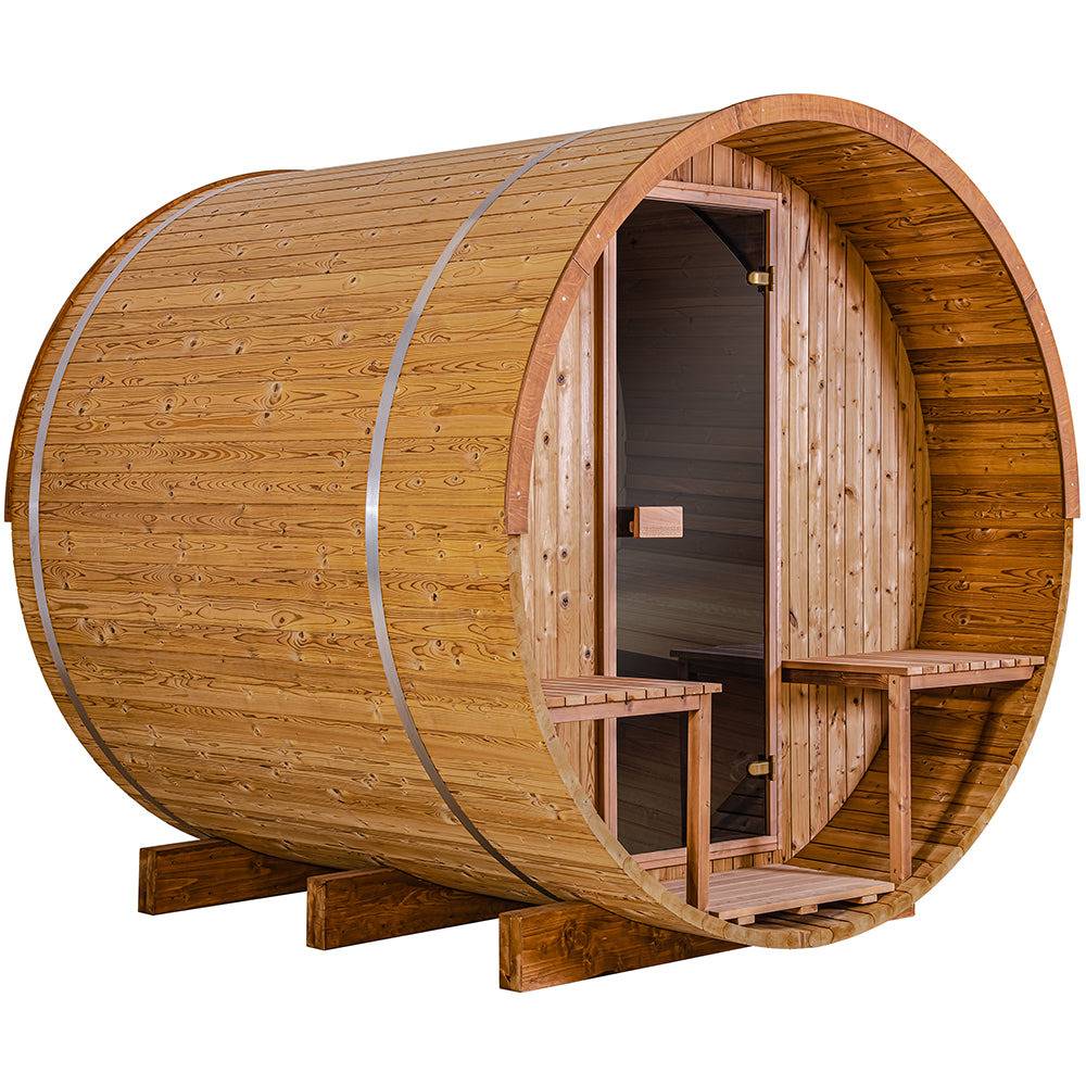 Thermory 4 Person Barrel Sauna No 60 DIY Kit with Porch and Window Thermally Modified Aspen Thermory No60_FrontCorner.jpg